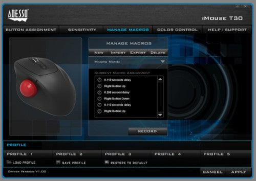 Adesso iMouse T30 mouse Office Right-hand RF Wireless Trackball 4800 DPI