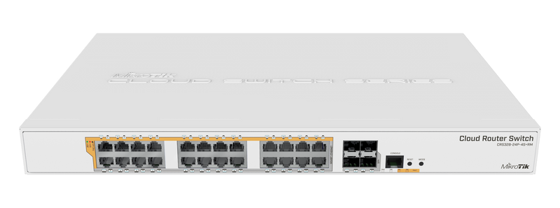 Mikrotik CRS328-24P-4S+RM 24 port Gigabit Ethernet router/switch with four 10Gbps SFP+ ports in 1U rackmount case, Dual Boot and PoE output, 500W