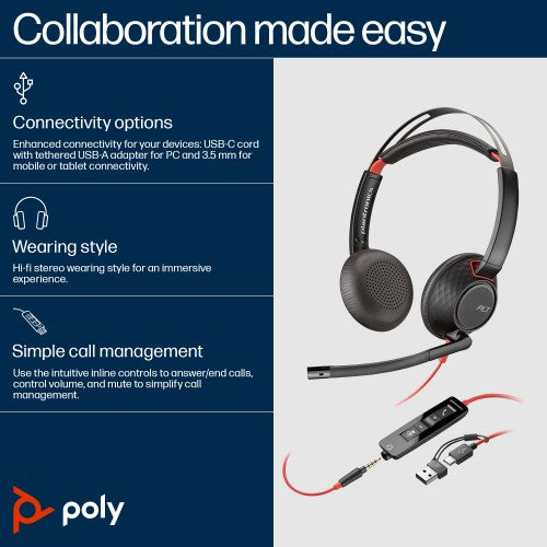 Poly Blackwire 5220 Stereo USB-C Headset +3.5mm Plug +USB-C/A Adapter