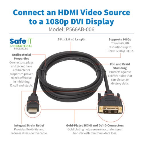 Tripp Lite P566AB-006 video cable adapter 72" (1.83 m) HDMI Type A (Standard) DVI-D Black