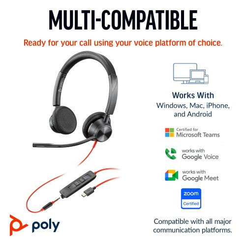Poly Blackwire 3325 Stereo Microsoft Teams Certified USB-C Headset +3.5mm Plug +USB-C/A Adapter