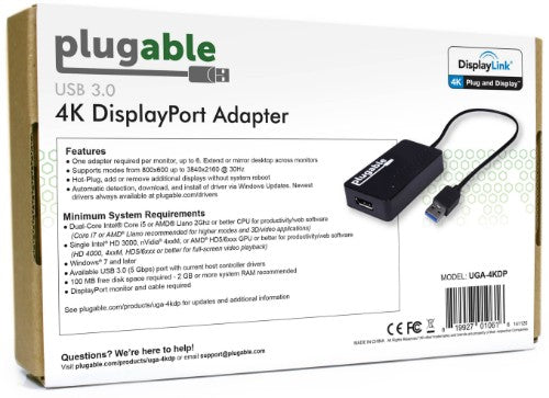 Plugable Technologies UGA-4KDP USB graphics adapter 3840 x 2160 pixels Black