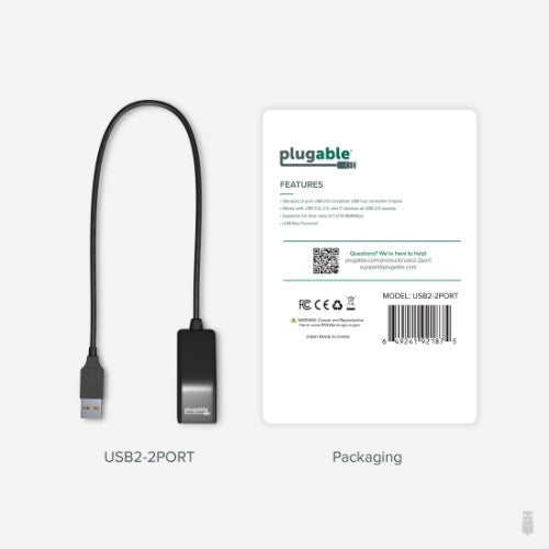 Plugable Technologies USB2-2PORT interface hub USB 2.0 480 Mbit/s Black