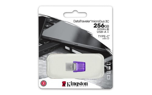 Kingston Technology DataTraveler microDuo 3C USB flash drive 256 GB USB Type-A / USB Type-C 3.2 Gen 1 (3.1 Gen 1) Stainless steel, Purple