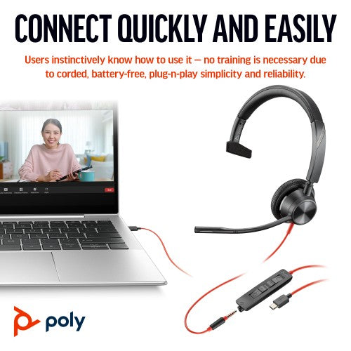 Poly Blackwire 3315 Monaural Microsoft Teams Certified USB-C Headset +3.5mm Plug +USB-C/A Adapter