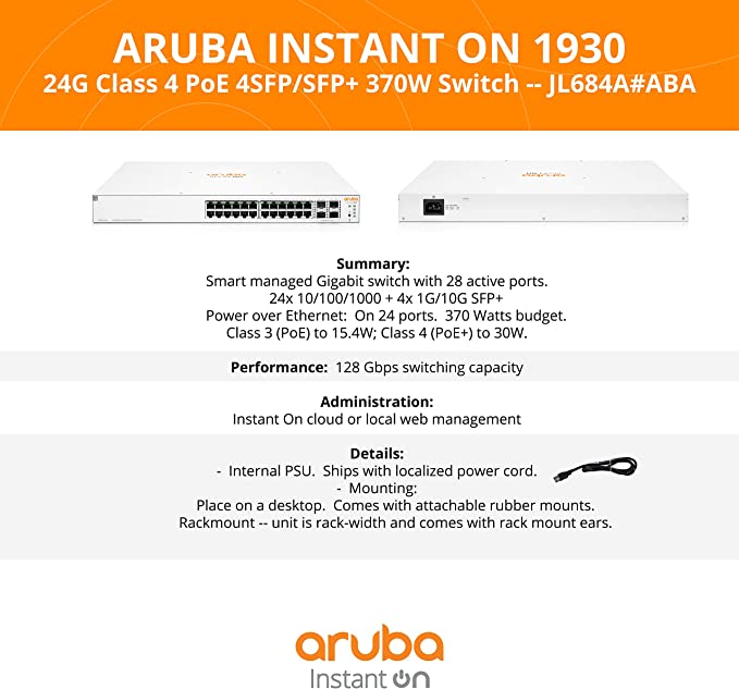Aruba Instant On 1930 28P Gb Ethernet 24xGE PoE (370W), 4X 1G/10G SFP+, L2+ Smart Switch EU Europe Cord