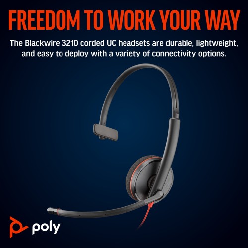 Poly Blackwire 3210 Monaural USB-C Headset +USB-C/A Adapter