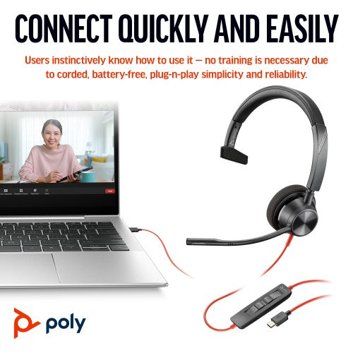 Poly Blackwire 3310 Monaural USB-C Headset +USB-C/A Adapter