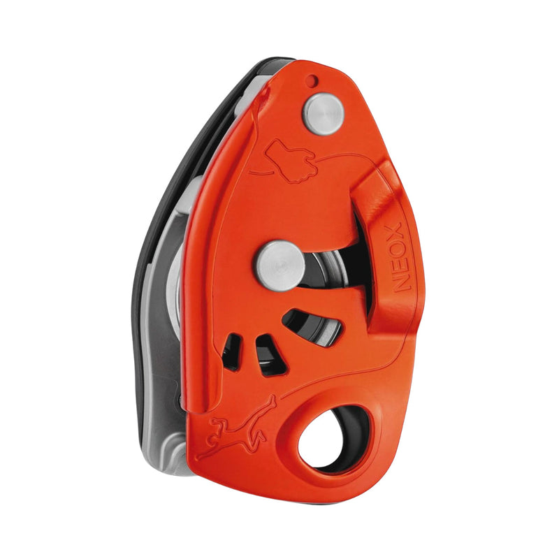 NEOX Belay device with cam-assisted blocking, optimized for lead climbing, orange