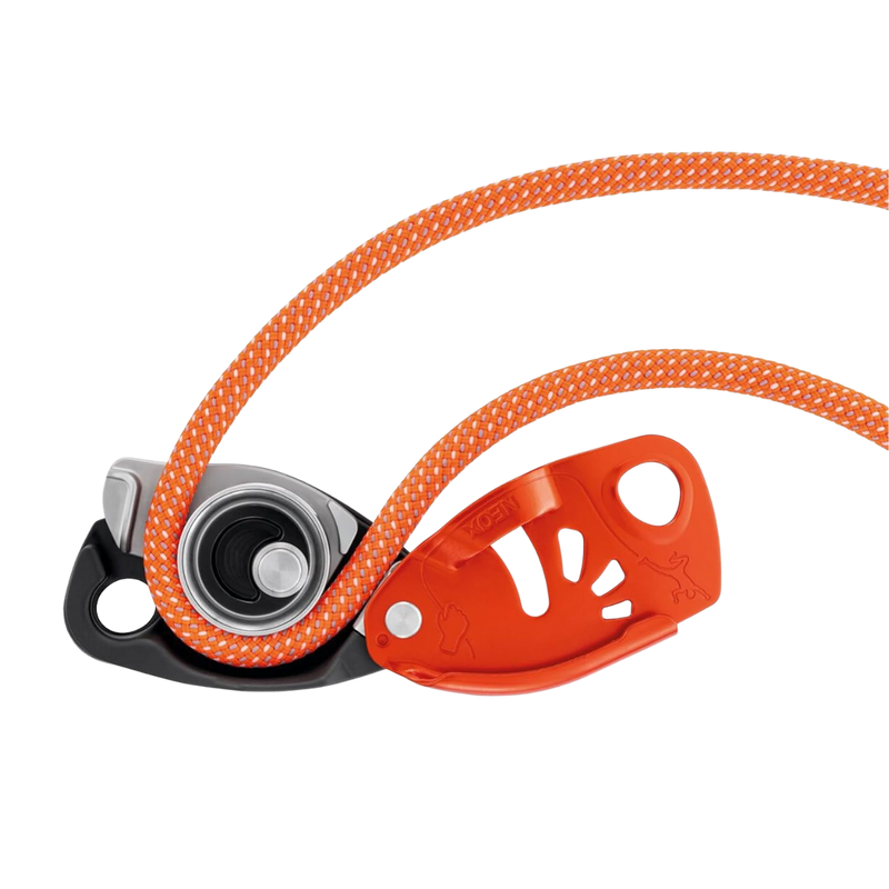 NEOX Belay device with cam-assisted blocking, optimized for lead climbing, orange