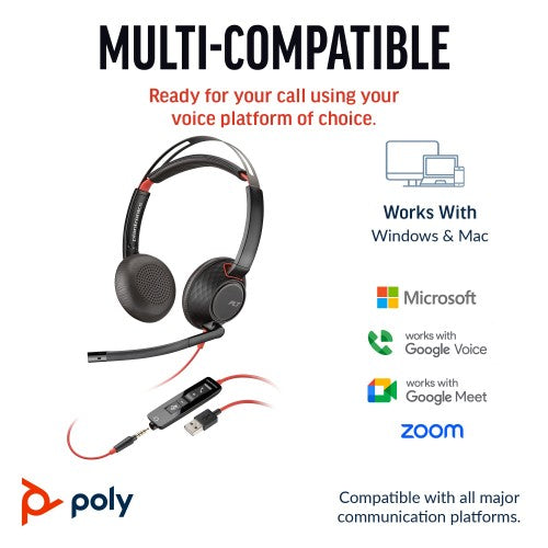 Poly Blackwire 5220 Stereo USB-C Headset +3.5mm Plug +USB-C/A Adapter