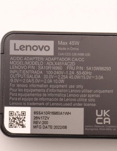 Lenovo 5A10W86293 power adapter/inverter Indoor 45 W Black