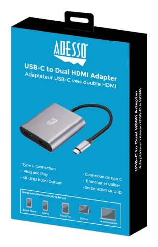Adesso AUH-5020 video cable adapter 5.91" (0.15 m) USB Type-C 2 x HDMI Aluminum
