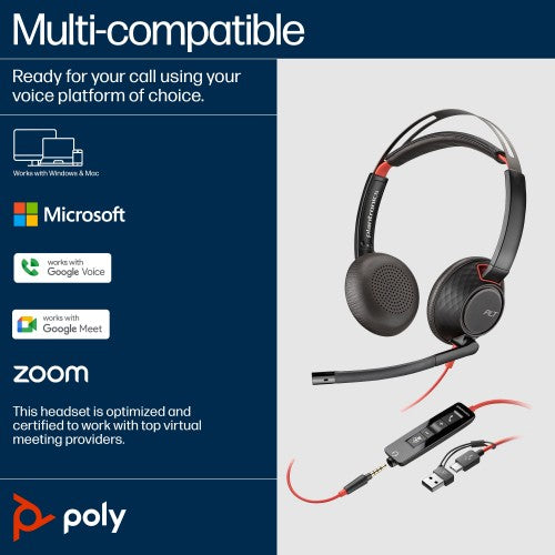Poly Blackwire 5220 Stereo USB-C Headset +3.5mm Plug +USB-C/A Adapter