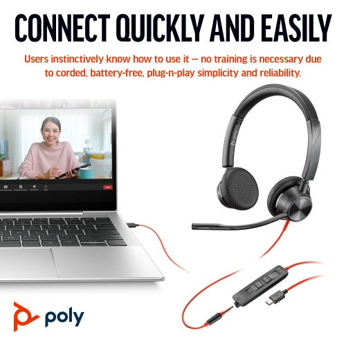 Poly Blackwire 3325 Stereo Microsoft Teams Certified USB-C Headset +3.5mm Plug +USB-C/A Adapter