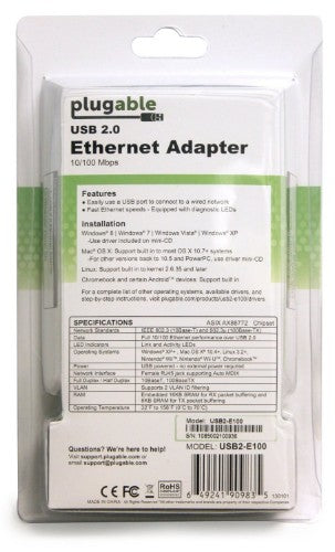 Plugable Technologies USB2-E100 network card Ethernet