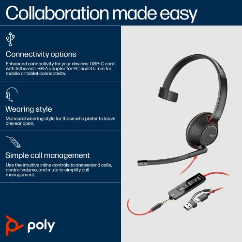 Poly Blackwire 5210 Monaural USB-C Headset +3.5mm Plug +USB-C/A Adapter