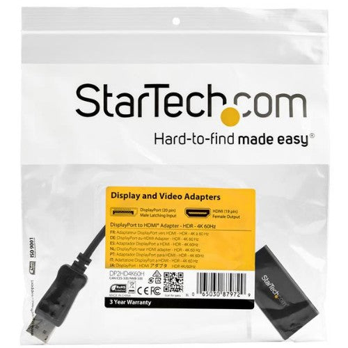 StarTech.com DP2HD4K60H video cable adapter 4.8" (0.122 m) DisplayPort HDMI Type A (Standard) Black