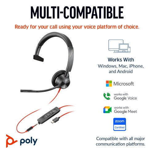 Poly Blackwire 3315 Monaural Microsoft Teams Certified USB-C Headset +3.5mm Plug +USB-C/A Adapter