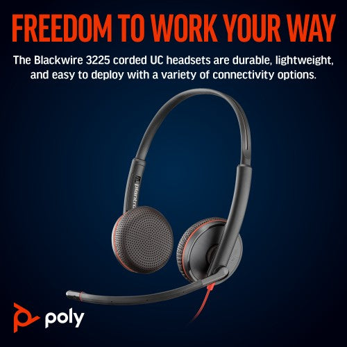Poly Blackwire 3225 Stereo USB-C Headset +3.5mm Plug +USB-C/A Adapter (Bulk)