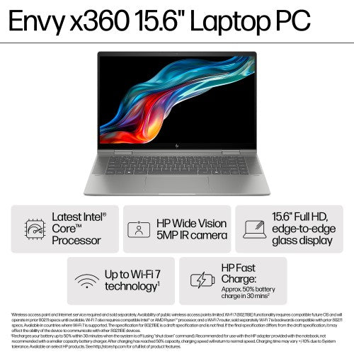 HP ENVY x360 15-fe1073cl Intel Core Ultra 7 155U Laptop 15.6" Touchscreen Full HD 32 GB LPDDR5-SDRAM 1 TB SSD Wi-Fi 6E (802.11ax) Windows 11 Home Silver
