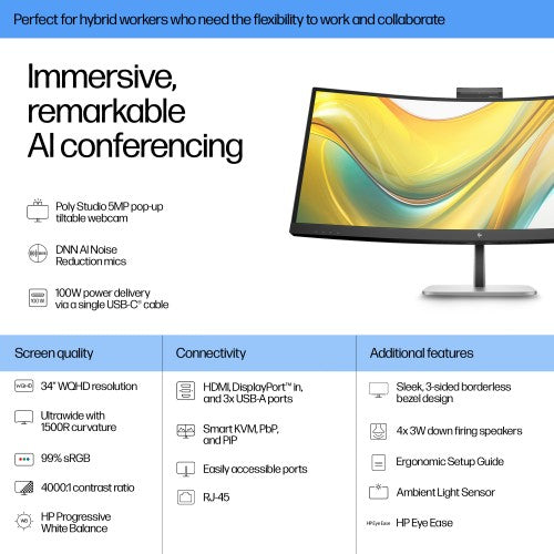 HP Series 5 Pro 34 inch WQHD USB-C Conferencing Monitor - 534pm