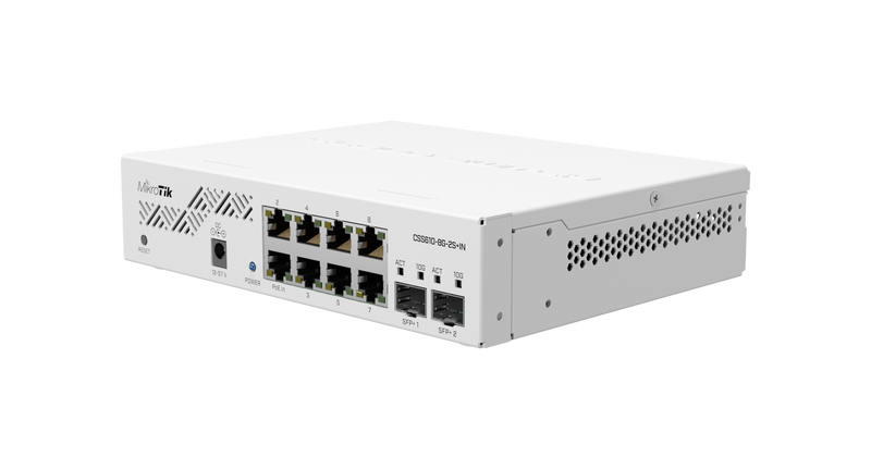 Mikrotik CSS610-8G-2S+IN Eight 1G Ethernet ports and two SFP+ ports for 10G fiber connectivity. Portable, powerful and extremely cost-effective