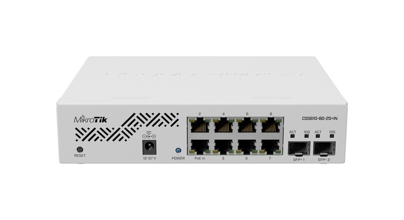 Mikrotik CSS610-8G-2S+IN Eight 1G Ethernet ports and two SFP+ ports for 10G fiber connectivity. Portable, powerful and extremely cost-effective